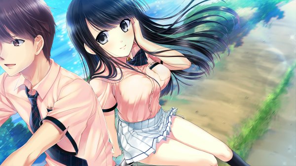 Anime picture 1280x720 with himawari to koi no kioku tsukinoura ai minamihama yoriko long hair blush short hair open mouth black hair smile brown hair wide image sitting brown eyes looking away game cg light smile wind short sleeves grey eyes girl