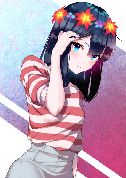 Anime picture 2150x3035 with original sakotach single tall image blush fringe highres short hair blue eyes black hair simple background hair between eyes standing blunt bangs parted lips short sleeves dutch angle adjusting hair striped girl