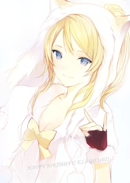 Anime picture 600x847 with love live! school idol project sunrise (studio) love live! ayase eli lpip single long hair tall image looking at viewer blue eyes simple background blonde hair smile white background inscription fur trim happy birthday 2015 girl gloves