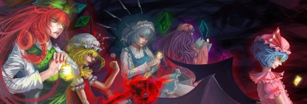 Anime picture 3474x1181 with touhou flandre scarlet remilia scarlet izayoi sakuya patchouli knowledge hong meiling cmy long hair highres short hair breasts open mouth blonde hair smile red eyes wide image multiple girls green eyes blue hair purple hair