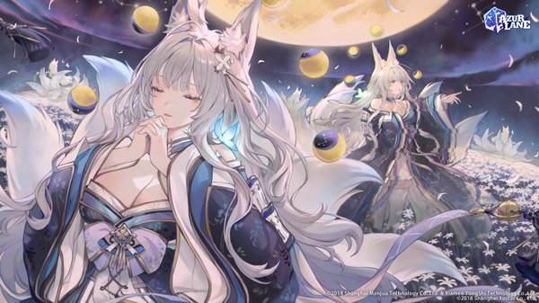 Anime picture 5760x3240 with azur lane shinano (azur lane) bibimbub long hair highres breasts wide image large breasts multiple girls animal ears absurdres cleavage silver hair tail eyes closed animal tail official art copyright name fox ears outstretched arm