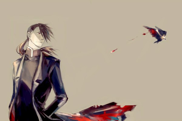 Anime picture 1140x760 with fullmetal alchemist studio bones greed ling yao rikage (artist) single long hair fringe simple background red eyes brown hair tail hand in pocket boy animal bird (birds) blood coat