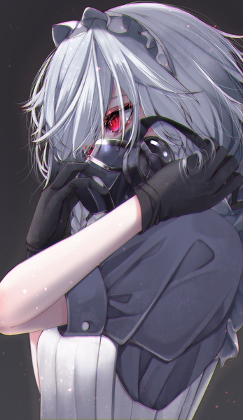 Anime picture 1447x2500 with touhou izayoi sakuya tsune (tune) single tall image fringe short hair simple background hair between eyes red eyes looking away silver hair upper body braid (braids) profile grey background arms up short sleeves maid puffy sleeves