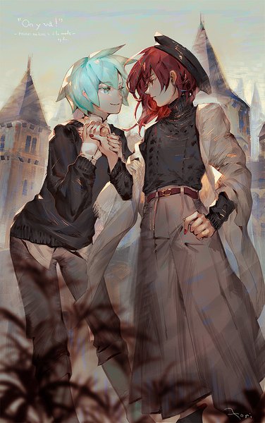 Anime picture 635x1013 with houseki no kuni phosphophyllite cinnabar (houseki no kuni) dalahast long hair tall image short hair smile red eyes standing outdoors red hair nail polish profile aqua eyes aqua hair alternate costume city holding hands eye contact