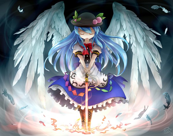 Anime picture 1000x789 with touhou hinanawi tenshi single long hair fringe open mouth standing holding blue hair eyes closed glowing girl dress weapon sword wings boots bowtie thigh boots feather (feathers)