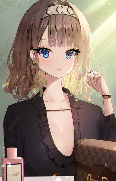 Anime picture 1222x1900 with original gucci ango single tall image looking at viewer blush fringe short hair breasts blue eyes simple background brown hair payot cleavage upper body blunt bangs long sleeves arm up light smile
