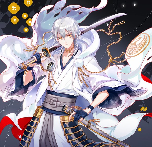 Anime picture 927x900 with touken ranbu nitroplus tsurumaru kuninaga michi (iawei) single long hair looking at viewer fringe hair between eyes standing yellow eyes silver hair traditional clothes japanese clothes light smile dark background weapon over shoulder boy gloves weapon