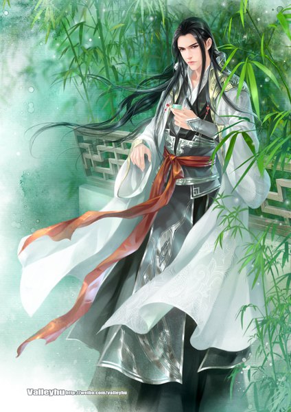Anime picture 2480x3508 with original valleyhu single long hair tall image looking at viewer highres black hair standing signed traditional clothes head tilt wind black eyes wide sleeves chinese clothes bamboo forest boy plant (plants) tree (trees)