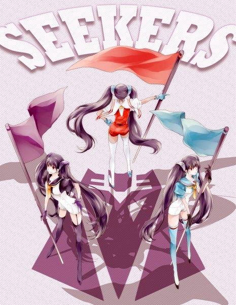 Anime picture 1400x1806 with transformers starscream skywarp thundercracker nogusa (artist) long hair tall image black hair red eyes twintails multiple girls hand on hip girl thighhighs gloves 3 girls suit banner