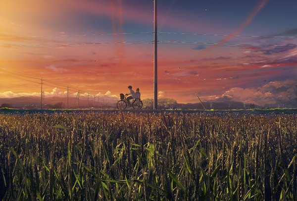 Anime picture 2363x1600 with original isai shizuka highres sky cloud (clouds) couple evening sunset landscape scenic field girl boy serafuku ground vehicle power lines bicycle