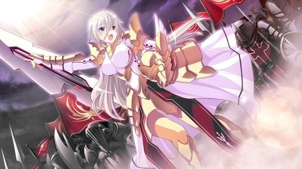 Anime picture 1024x576 with kouyoku no soleil skyfish (studio) long hair blush open mouth blue eyes wide image game cg white hair girl weapon sword armor banner