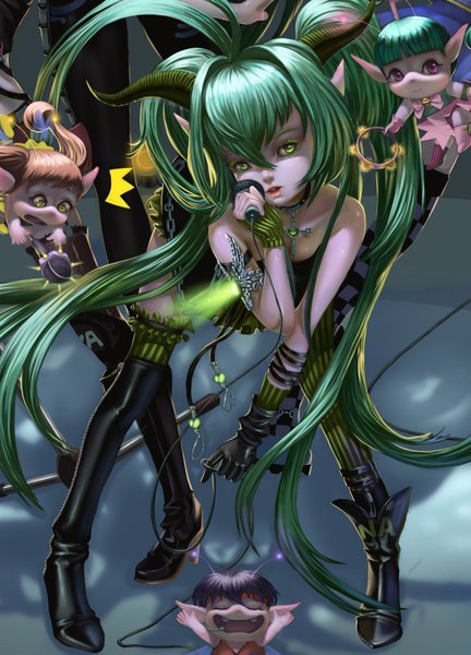 Anime picture 1264x1755 with original nana hang tall image looking at viewer fringe short hair open mouth brown hair twintails bare shoulders holding green eyes purple hair eyes closed very long hair pink eyes green hair pointy ears demon singing
