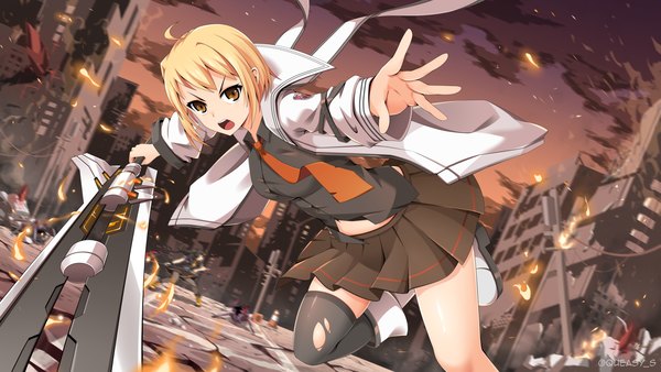 Anime picture 1920x1080 with soul worker haru estia queasy s single looking at viewer fringe highres short hair open mouth blonde hair wide image holding brown eyes signed sky ahoge outdoors :d pleated skirt open jacket