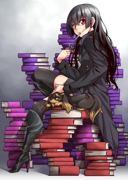 Anime picture 1036x1449 with inu to hasami wa tsukaiyou natsuno kirihime harumi kazuhito uousa long hair tall image looking at viewer fringe black hair simple background smile red eyes sitting holding open clothes open jacket high heels girl thighhighs black thighhighs