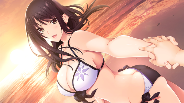 Anime picture 1280x720 with onee-chan no yuuwaku hibiki works kisaragi maaya iizuki tasuku long hair looking at viewer blush fringe breasts open mouth light erotic smile brown hair wide image large breasts standing brown eyes payot game cg cleavage