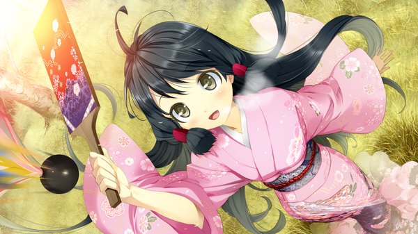 Anime picture 1280x720 with nanatsu no fushigi no owaru toki tokito nanao ueda ryou long hair blush open mouth black hair wide image brown eyes game cg japanese clothes loli girl kimono hagoita