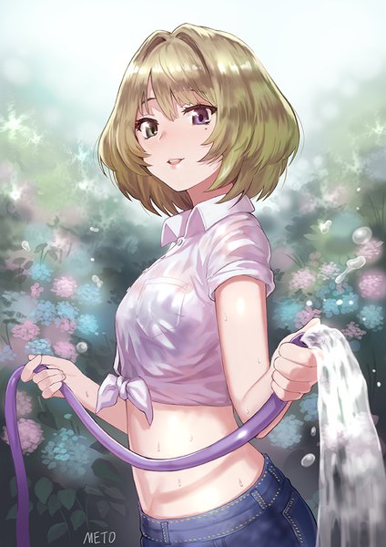 Anime picture 700x990 with idolmaster idolmaster cinderella girls takagaki kaede meto31 single tall image looking at viewer blush short hair light erotic smile brown hair purple eyes green eyes signed parted lips lips mole midriff wet