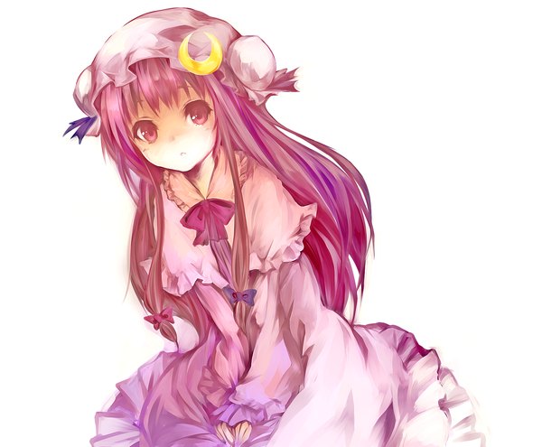 Anime picture 1728x1427 with touhou patchouli knowledge chagu single long hair highres simple background white background purple eyes looking away purple hair girl dress bow hair bow bonnet
