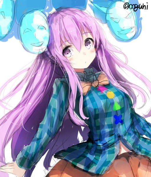 Anime picture 1024x1199 with touhou hata no kokoro wowoguni single long hair tall image looking at viewer blush white background purple eyes signed purple hair glowing girl shirt bowtie mask checkered shirt