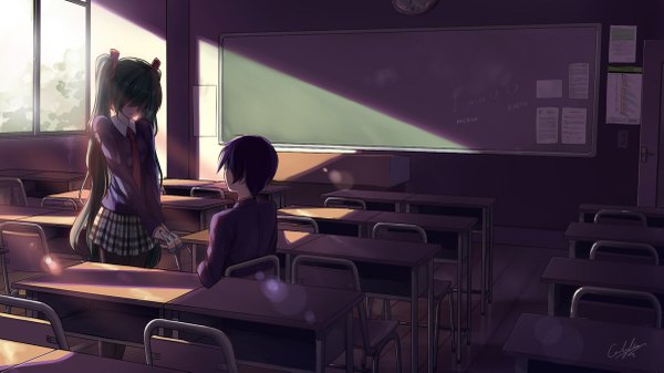 Anime picture 1200x675 with vocaloid hatsune miku kaito (vocaloid) caidychen long hair blush wide image twintails signed purple hair green hair from behind embarrassed classroom hair over eyes girl boy serafuku necktie blackboard