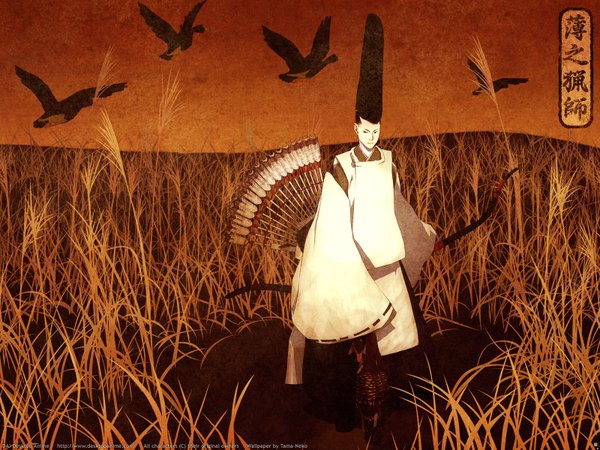 Anime picture 1600x1200 with okama traditional clothes boy animal bird (birds) bow (weapon) arrow (arrows)