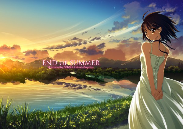 Anime picture 1000x706 with original genshi single looking at viewer blush short hair black hair bare shoulders brown eyes sky cloud (clouds) wind evening sunset hands behind back mountain river girl sundress