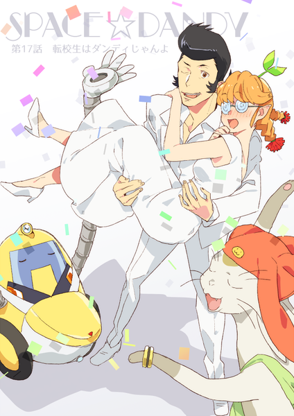 Anime picture 613x867 with space dandy studio bones dandy (space dandy) meow (space dandy) qt (space dandy) freckles (space dandy) mosuko tall image blush open mouth brown eyes braid (braids) eyes closed one eye closed from above wink pointy ears orange hair shadow copyright name