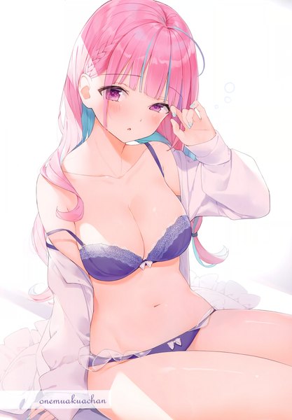 Anime picture 2807x4042 with virtual youtuber hololive minato aqua kinako (shiratama mochi) single long hair tall image looking at viewer blush fringe highres breasts open mouth light erotic large breasts sitting pink hair cleavage ahoge blunt bangs