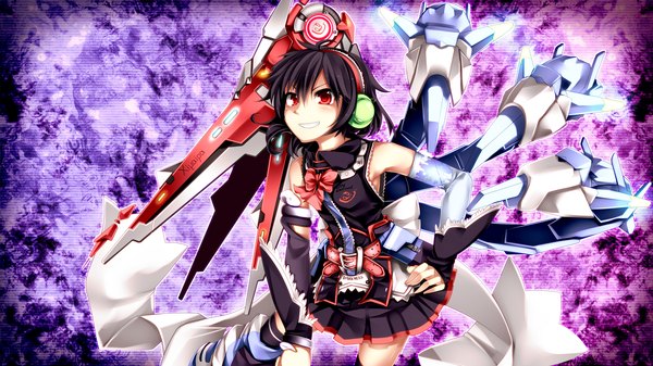 Anime picture 2133x1200 with touhou houjuu nue kazetto (kazetsuto) single blush highres short hair black hair red eyes wide image mechanical wings girl dress detached sleeves wings headphones
