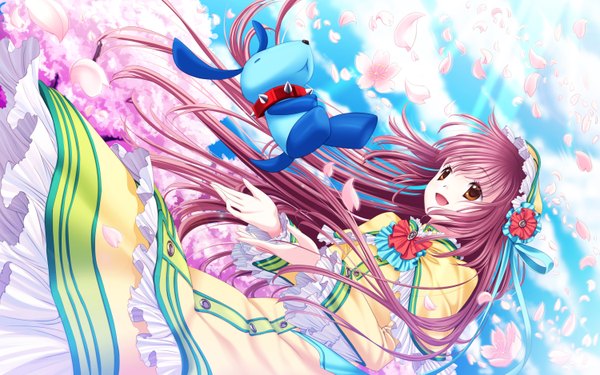 Anime picture 3000x1875 with kobato clamp hanato kobato ioryogi long hair highres wide image pink hair orange eyes cherry blossoms girl dress petals toy collar stuffed animal dog