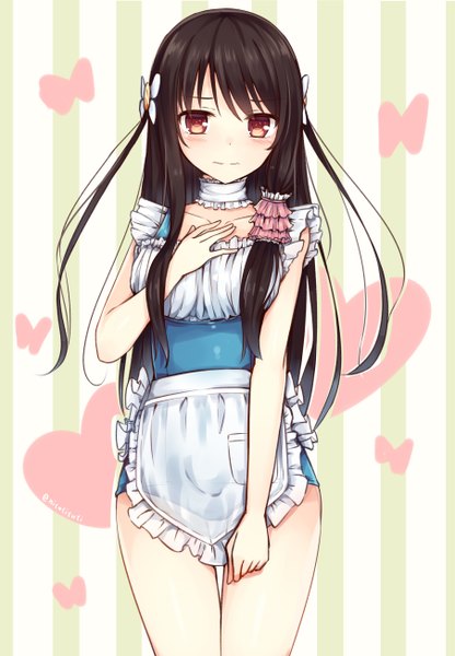 Anime picture 1805x2600 with original shiori (tsuchikure) tsuchikure (3105mitoko) single long hair tall image blush fringe highres light erotic black hair red eyes standing twintails signed light smile bare legs embarrassed hand on chest striped