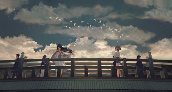 Anime picture 2200x1184 with hibike! euphonium kyoto animation kousaka reina oumae kumiko zicai tang long hair highres short hair black hair brown hair wide image standing multiple girls looking away sky cloud (clouds) eyes closed profile wind blurry