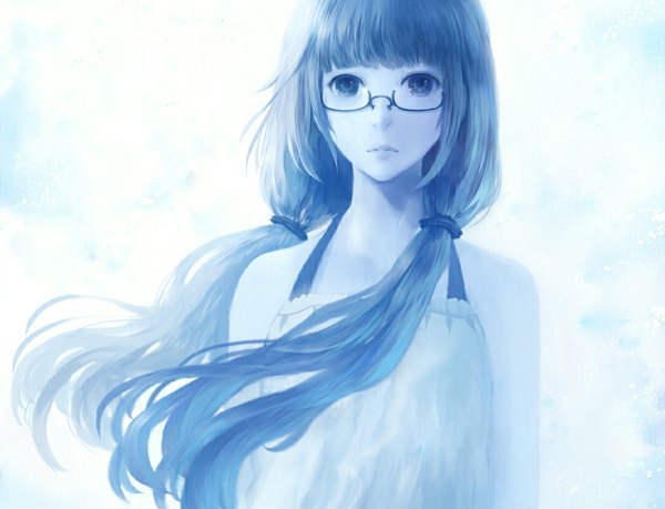 Anime picture 1080x827 with original bounin single long hair looking at viewer fringe simple background twintails wind lips low twintails monochrome girl dress glasses frills sundress scrunchie hair tie