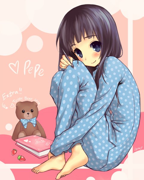 Anime picture 800x1000 with kerikaza single long hair tall image looking at viewer blush black hair smile purple eyes girl book (books) toy stuffed animal teddy bear nightie pen