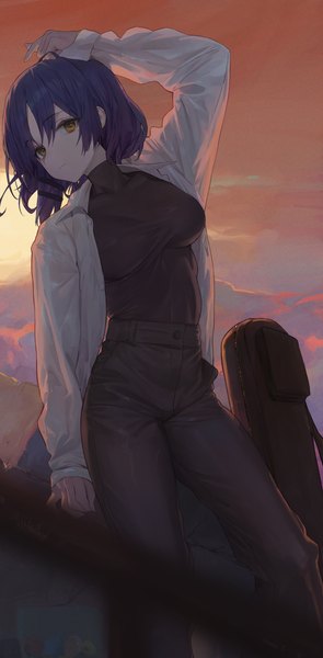 Anime picture 3298x6711 with bocchi the rock! cloverworks yamada ryou bafangyu single tall image looking at viewer highres short hair yellow eyes blue hair absurdres sky outdoors turning head hand on head girl bobby pin turtleneck instrument case
