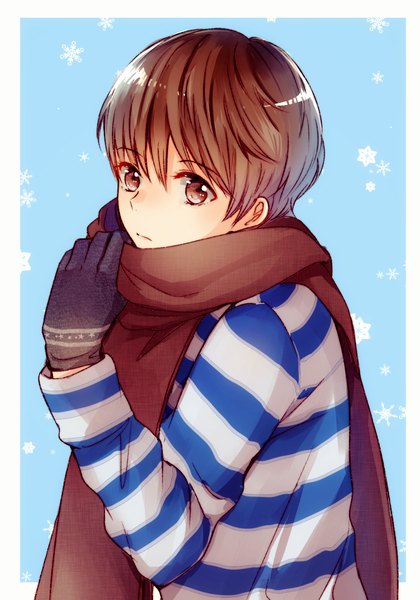 Anime picture 800x1143 with original pochi (iasoreil) single tall image fringe short hair hair between eyes brown hair brown eyes looking away upper body long sleeves striped boy gloves black gloves scarf snowflake (snowflakes) red scarf