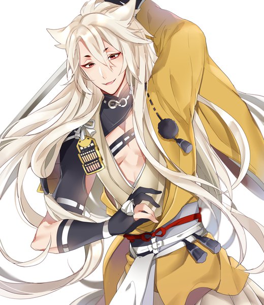 Anime picture 700x807 with touken ranbu nitroplus kogitsunemaru pingo single long hair tall image fringe open mouth simple background hair between eyes red eyes white background white hair traditional clothes japanese clothes arm up looking down albino boy