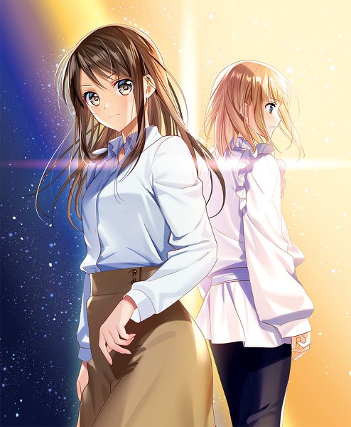 Anime picture 988x1200 with in another world, i'm called: the black healer kanzaki misuzu murakami yuichi long hair tall image looking at viewer blush fringe short hair blue eyes simple background blonde hair hair between eyes brown hair standing multiple girls brown eyes looking away long sleeves profile