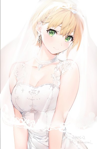 Anime picture 1330x2048 with idolmaster idolmaster cinderella girls miyamoto frederica umibouzu (niito) single tall image looking at viewer blush fringe short hair breasts blonde hair simple background smile hair between eyes large breasts standing white background bare shoulders green eyes