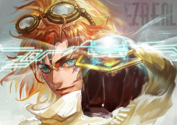 Anime picture 1000x707 with league of legends ezreal (league of legends) oreki genya single looking at viewer short hair blue eyes orange hair character names outstretched arm magic glowing boy gloves black gloves goggles