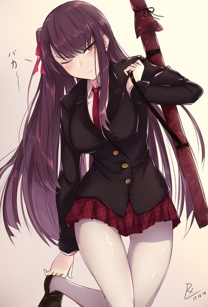 Anime-Bild 2300x3400 mit girls frontline wa2000 (girls frontline) zhishi ge fangzhang single long hair tall image blush fringe highres simple background red eyes holding signed looking away purple hair bent knee (knees) pleated skirt one eye closed thighs one side up