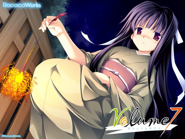 Anime picture 1600x1200 with volume7 rococoworks kikushita kotora fue (tsuzuku) single long hair purple eyes purple hair japanese clothes night copyright name squat girl ribbon (ribbons) hair ribbon kimono obi bengal light