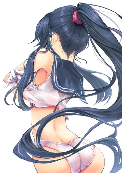 Anime picture 700x990 with kantai collection yahagi light cruiser goushou single tall image fringe light erotic black hair simple background standing white background payot ass ponytail very long hair arm up from behind sleeveless floating hair underboob