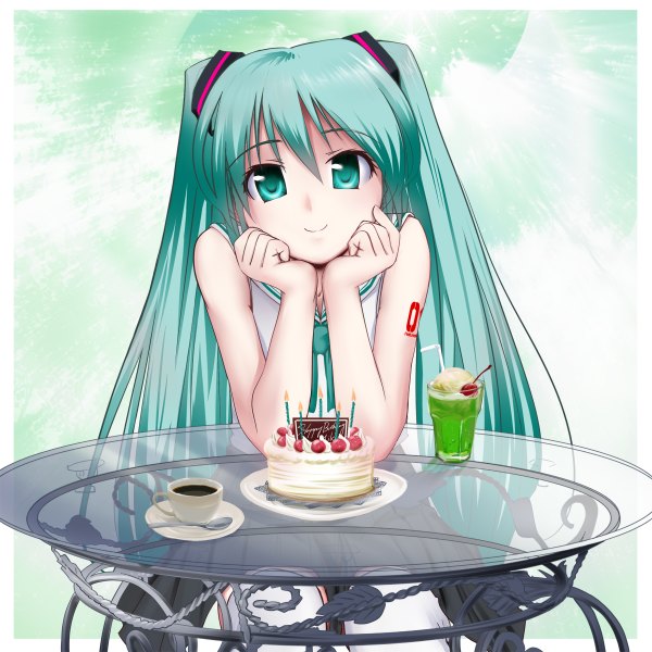 Anime picture 1200x1200 with vocaloid hatsune miku ooiso shouryuu single looking at viewer fringe smile hair between eyes twintails very long hair aqua eyes aqua hair border head rest girl sweets cup drink cake coffee