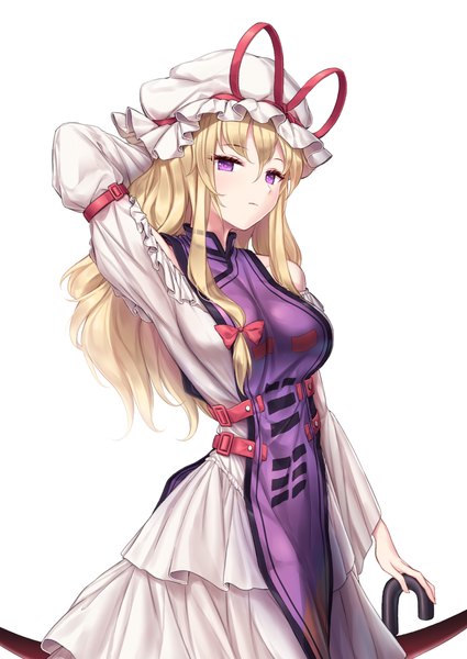 Anime picture 900x1271 with touhou yakumo yukari minust single long hair tall image looking at viewer blush fringe breasts simple background blonde hair hair between eyes large breasts standing white background purple eyes holding long sleeves arm up