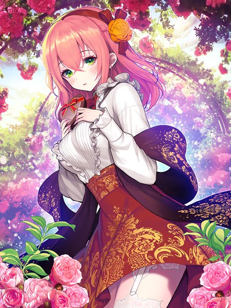 Anime picture 1000x1333 with original kyundoo single long hair tall image looking at viewer blush fringe breasts hair between eyes large breasts standing holding green eyes payot pink hair sky cloud (clouds) outdoors long sleeves