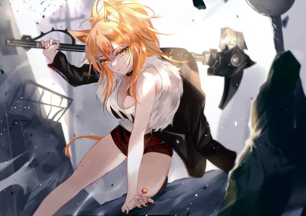 Anime picture 2200x1555 with arknights siege (arknights) vardan single long hair looking at viewer fringe highres breasts blonde hair hair between eyes large breasts bare shoulders holding animal ears yellow eyes payot cleavage ponytail tail