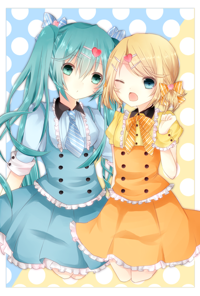 Anime picture 1181x1748 with vocaloid hatsune miku kagamine rin souhi long hair tall image looking at viewer short hair open mouth blue eyes blonde hair twintails multiple girls one eye closed aqua eyes wink aqua hair girl dress hair ornament