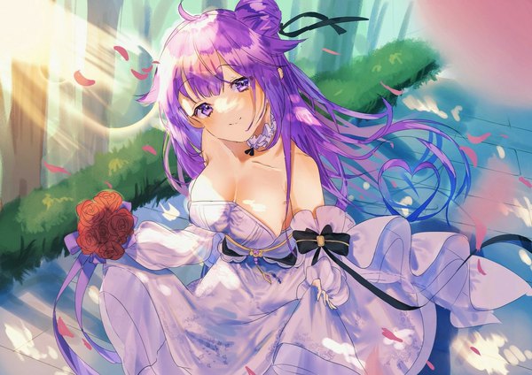Anime picture 1684x1191 with azur lane unicorn (azur lane) unicorn (a dream of pure vows) (azur lane) jinbei (user tpny4757) single long hair looking at viewer blush fringe light erotic smile standing purple eyes holding purple hair ahoge outdoors blunt bangs head tilt wind