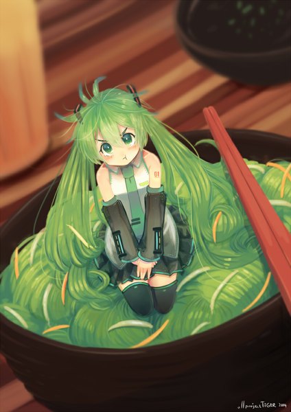 Anime picture 800x1131 with vocaloid hatsune miku projecttiger single tall image looking at viewer blush twintails bare shoulders green eyes very long hair green hair girl thighhighs black thighhighs detached sleeves necktie